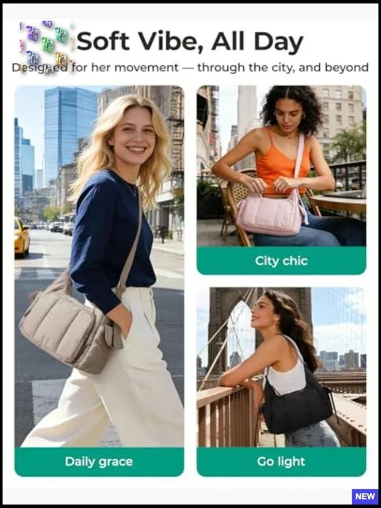 Puffer Crossbody Bag Lightweight Travel Purse Adjustable Strap Zippered Pockets - Picture 2 of 7